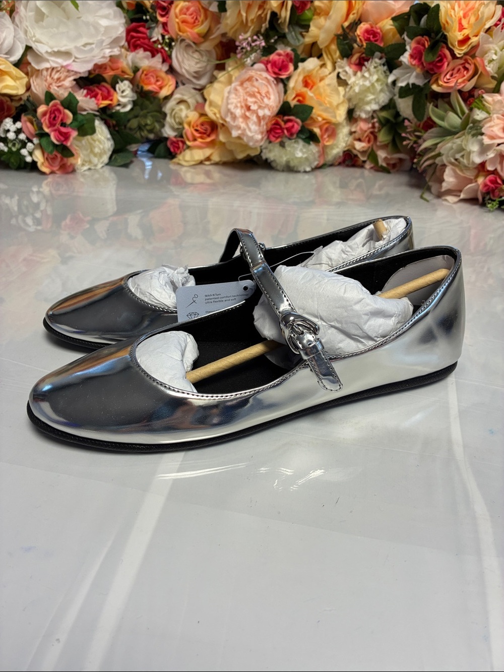 Aerosoles Perry Silver Mirror Metallic Mary Jane Flats Faux Leather Women’s 8M